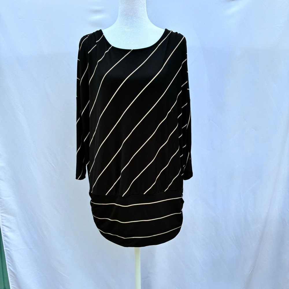 Chico's Tunic Top Black Cream Stripe Women's Size 2 Large 3/4 Sleeve Modern